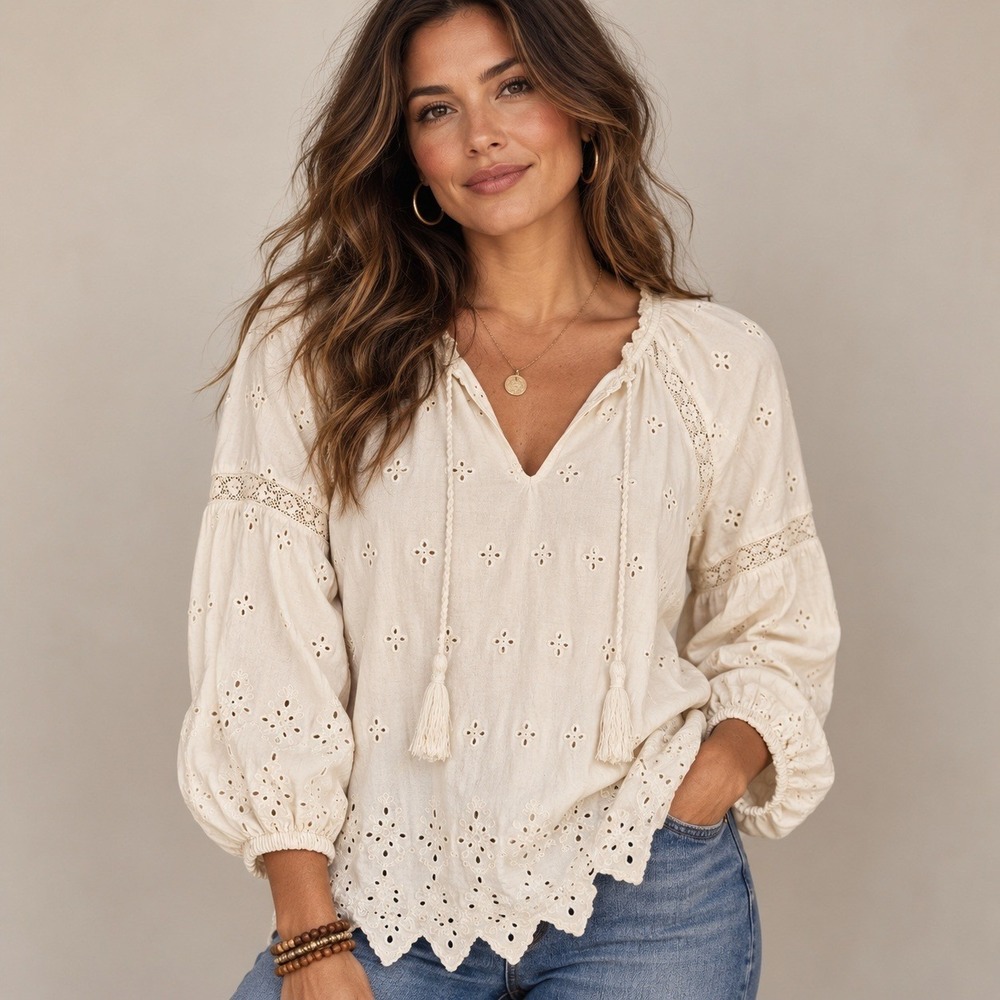 Lauren Ralph Lauren Cream Eyelet Embroidered Peasant Blouse Medium Boho Fairy